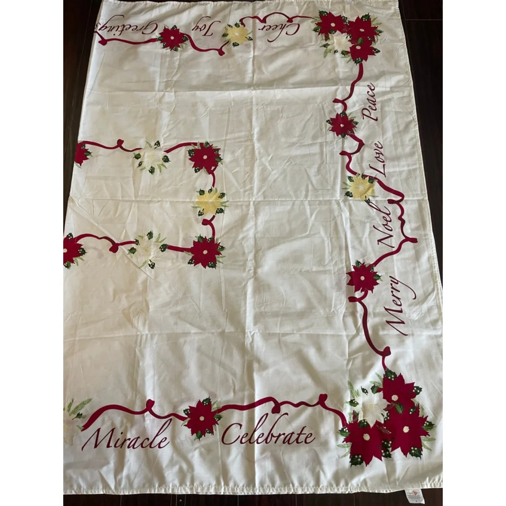Trim A Home Christmas Tablecloth 61.5x86 Poinsettia Ribbon Script Holiday